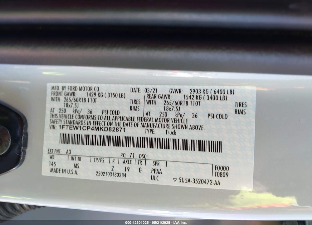 2021 FORD F-150 VIN: 1FTEW1CP4MKD82871