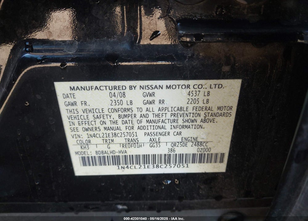 2008 NISSAN ALTIMA HYBRID VIN: 1N4CL21E38C257051