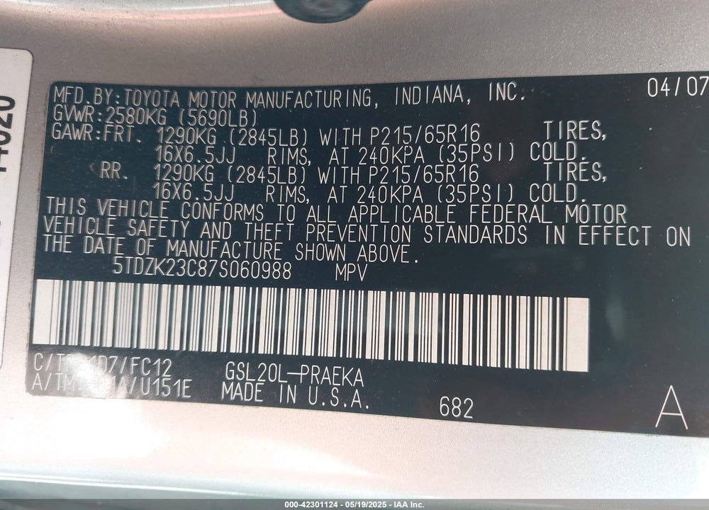 2007 TOYOTA SIENNA VIN: 5TDZK23C87S060988