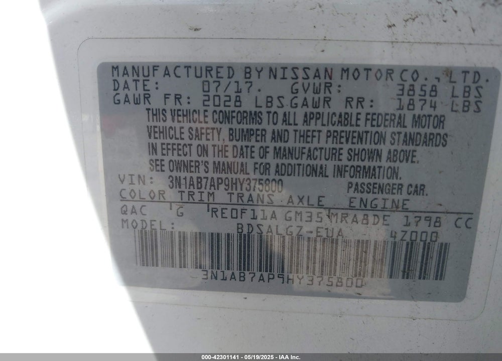 2017 NISSAN SENTRA SL VIN: 3N1AB7AP9HY375800