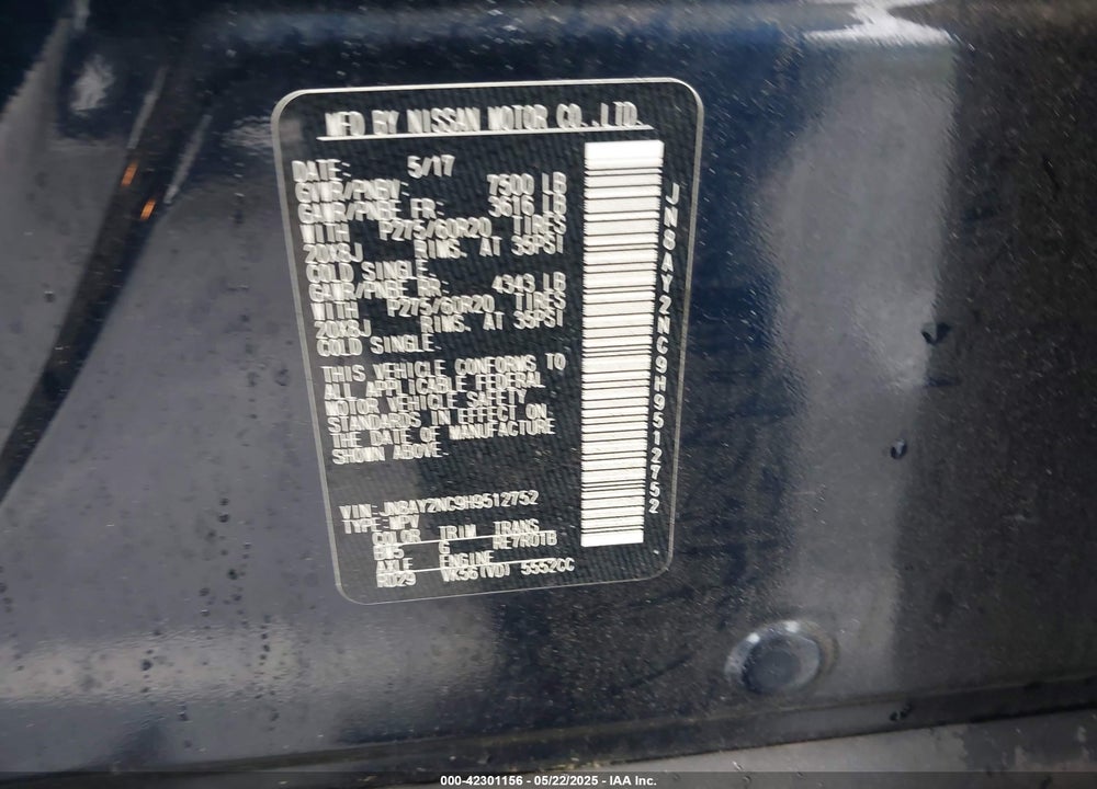 2017 NISSAN ARMADA VIN: JN8AY2NC9H9512752