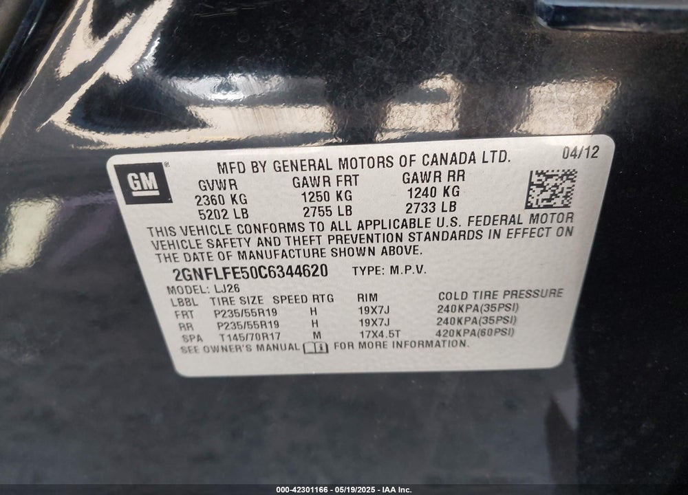 2012 CHEVROLET EQUINOX LTZ VIN: 2GNFLFE50C6344620
