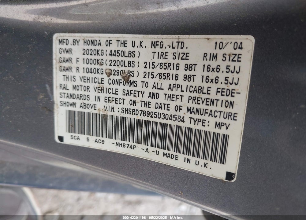 2005 HONDA CR-V SE VIN: SHSRD78925U304584