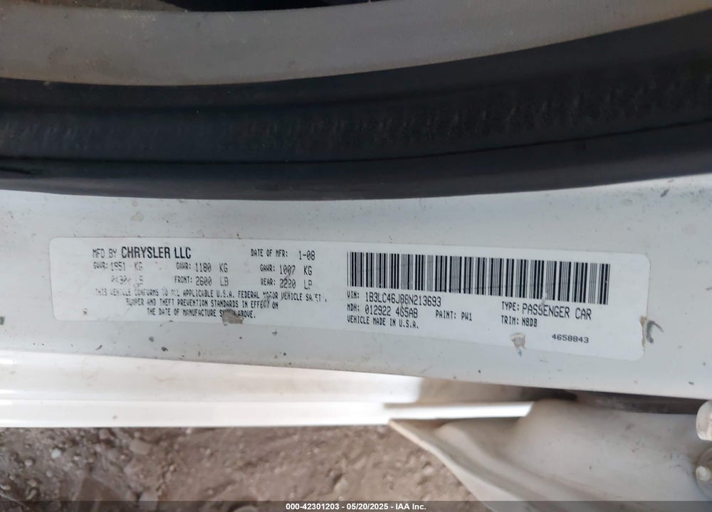 2008 DODGE AVENGER VIN: 1B3LC46J88N213693