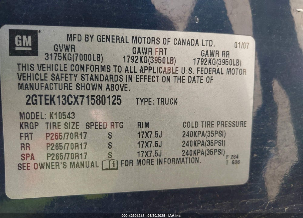 2007 GMC SIERRA 1500 SLE1 VIN: 2GTEK13CX71580125