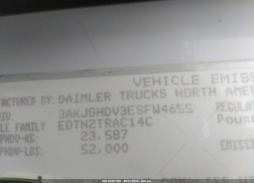 2014 FREIGHTLINER CASCADIA 113 VIN: 3AKJGHDV3ESFW4655