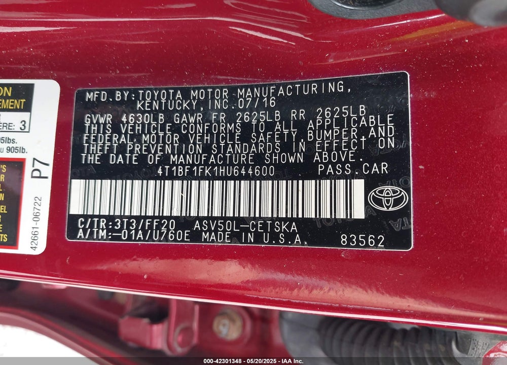 2017 TOYOTA CAMRY VIN: 4T1BF1FK1HU644600