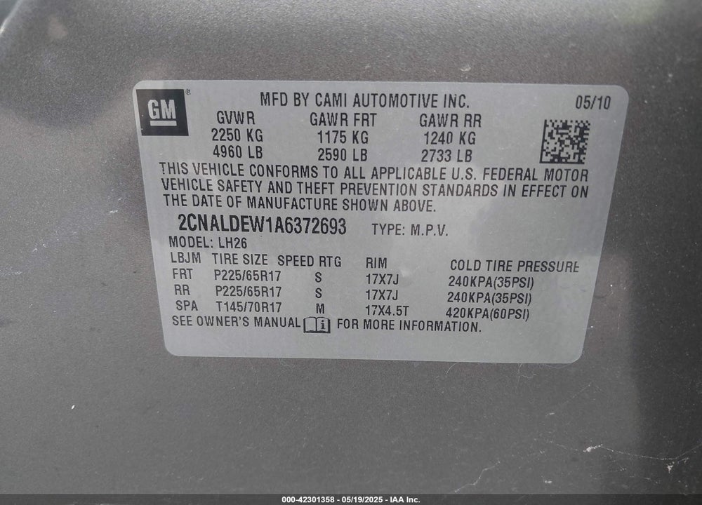 2010 CHEVROLET EQUINOX VIN: 2CNALDEW1A6372693