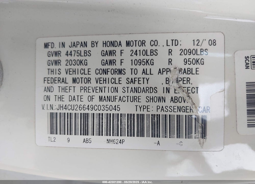 2009 ACURA TSX VIN: JH4CU26649C035045