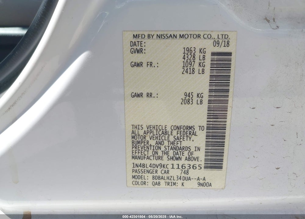 2019 NISSAN ALTIMA 2.5 SV VIN: 1N4BL4DV9KC116365