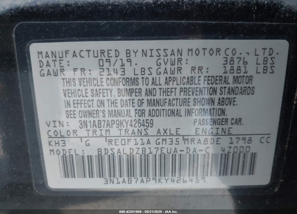 2019 NISSAN SENTRA SV VIN: 3N1AB7AP9KY426459
