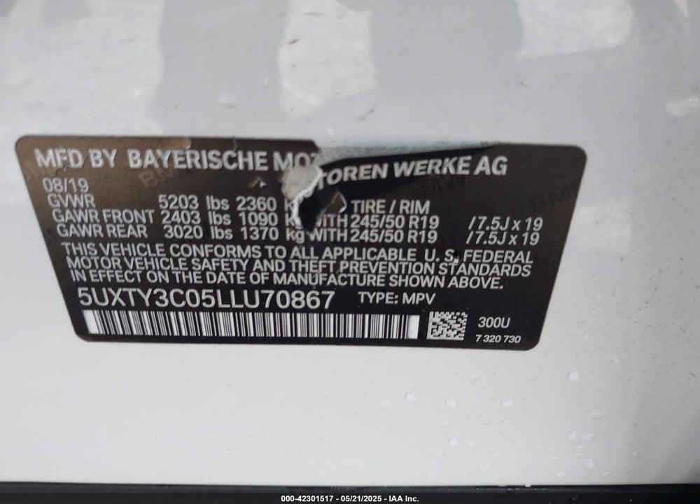 2020 BMW X3 VIN: 5UXTY3C05LLU70867