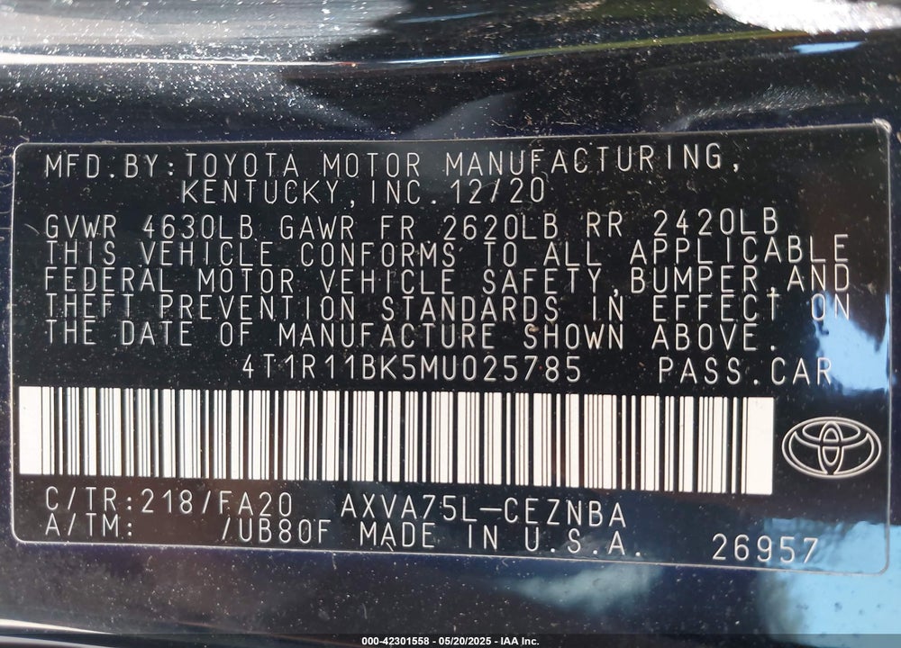 2021 TOYOTA CAMRY VIN: 4T1R11BK5MU025785