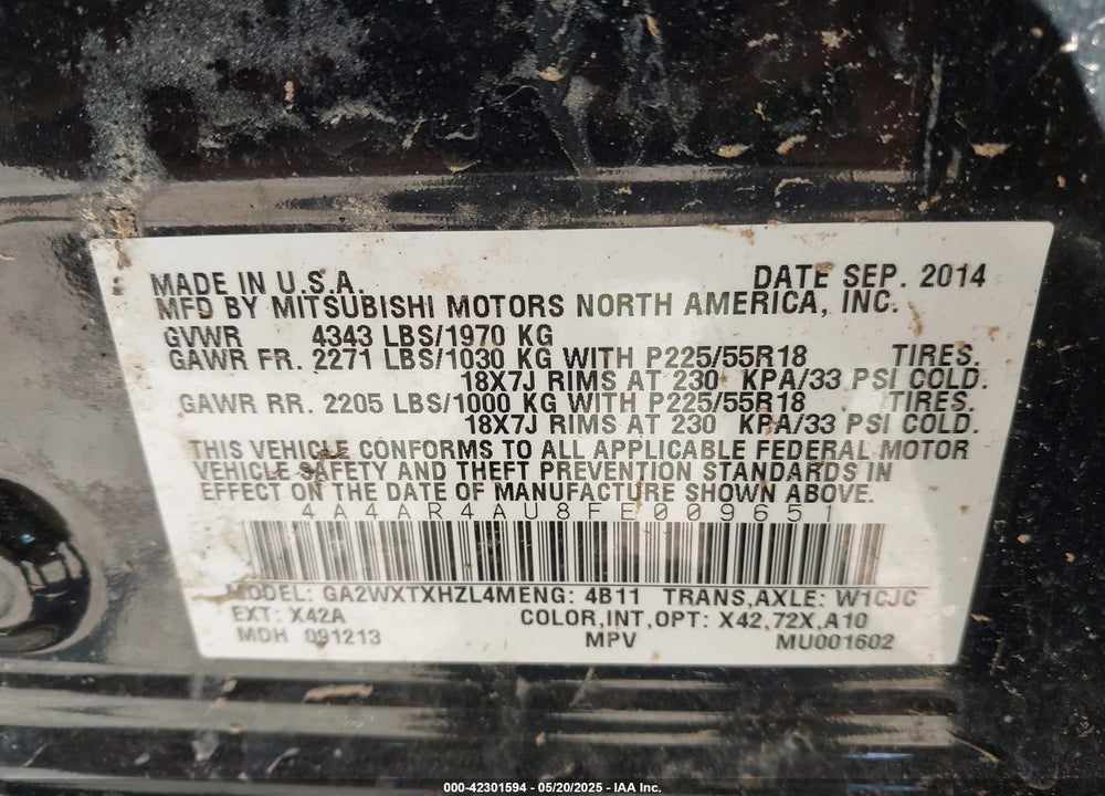 2015 MITSUBISHI OUTLANDER SPORT VIN: 4A4AR4AU8FE009651