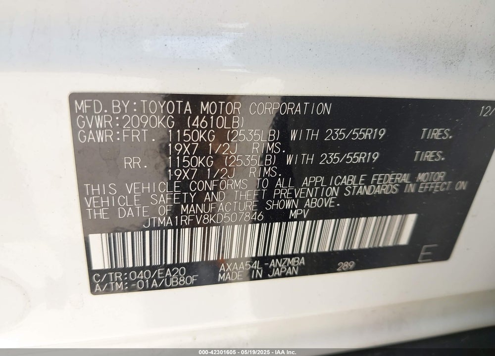 2019 TOYOTA RAV4 VIN: JTMA1RFV8KD507846
