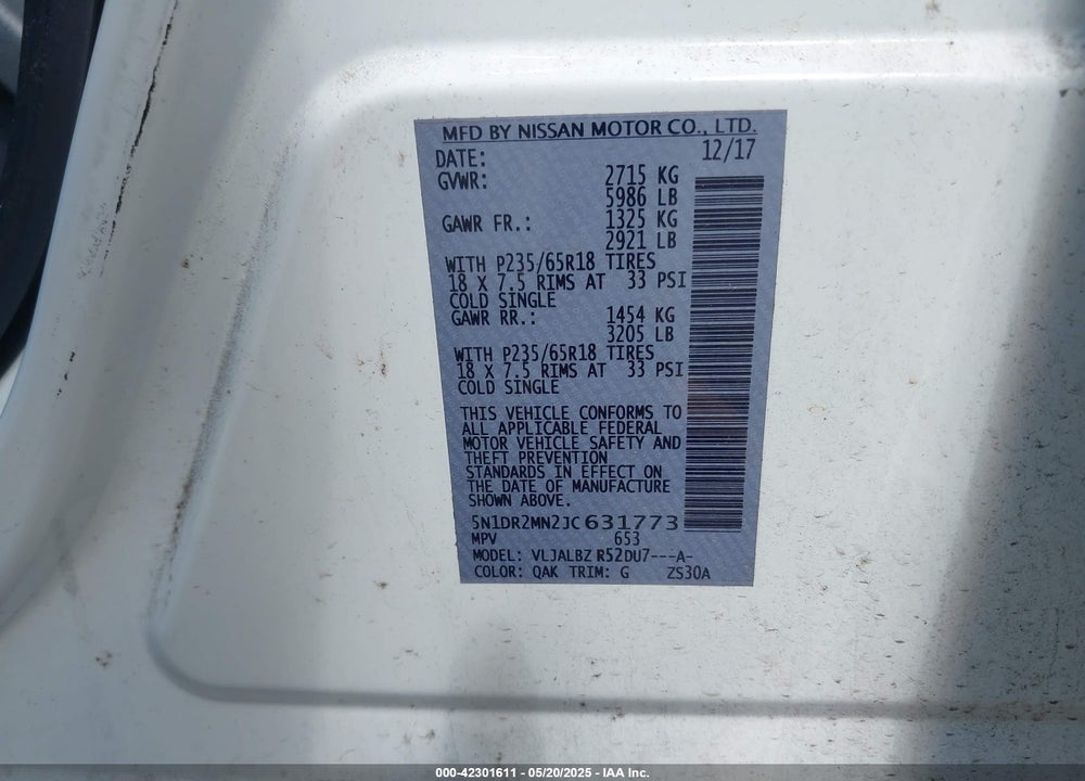 2018 NISSAN PATHFINDER VIN: 5N1DR2MN2JC631773