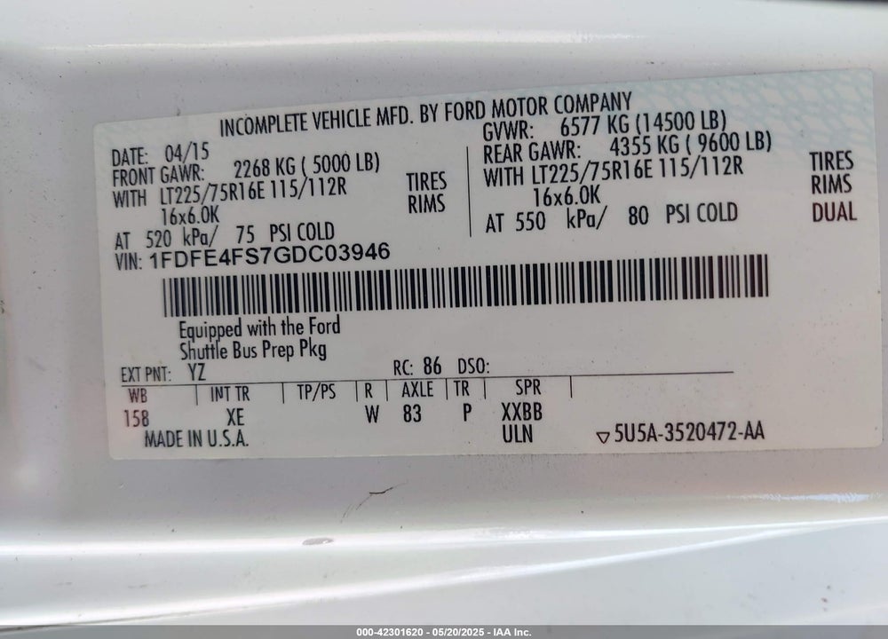 2016 FORD E-450 CUTAWAY VIN: 1FDFE4FS7GDC03946