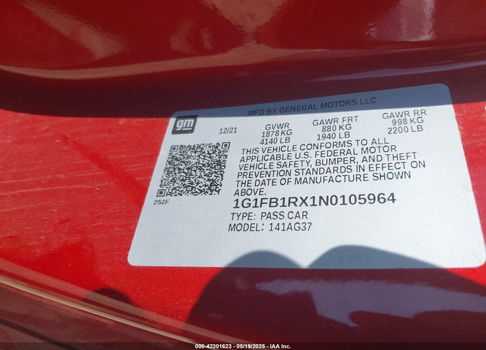 2022 CHEVROLET CAMARO RWD 1LT VIN: 1G1FB1RX1N0105964