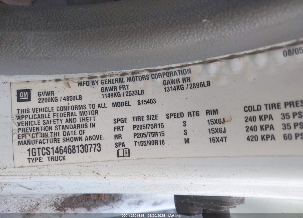 2006 GMC CANYON WORK TRUCK VIN: 1GTCS146468130773