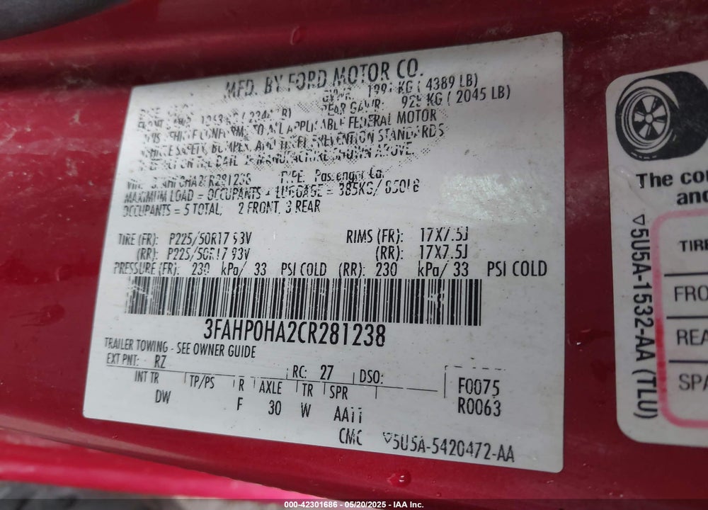 2012 FORD FUSION VIN: 3FAHP0HA2CR281238