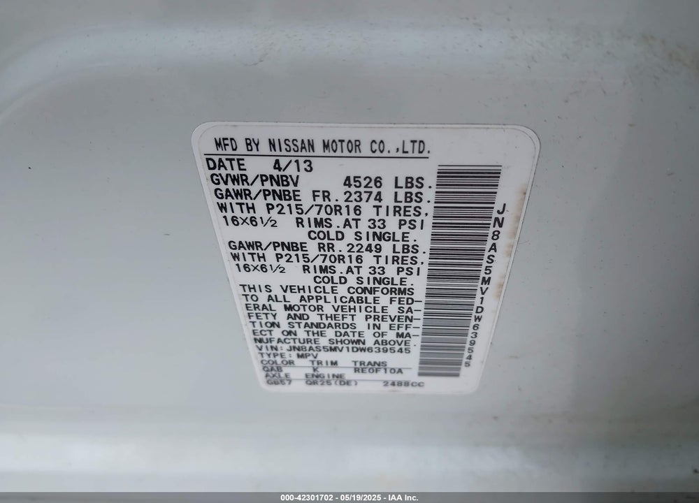 2013 NISSAN ROGUE S VIN: JN8AS5MV1DW639545