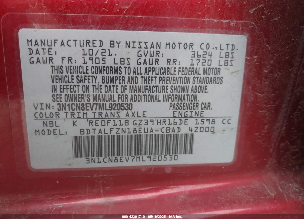 2021 NISSAN VERSA SV XTRONIC CVT VIN: 3N1CN8EV7ML920530