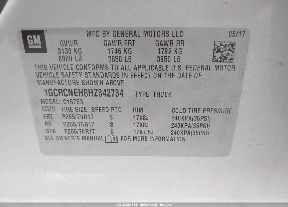 2017 CHEVROLET SILVERADO 1500 WT VIN: 1GCRCNEH8HZ342734