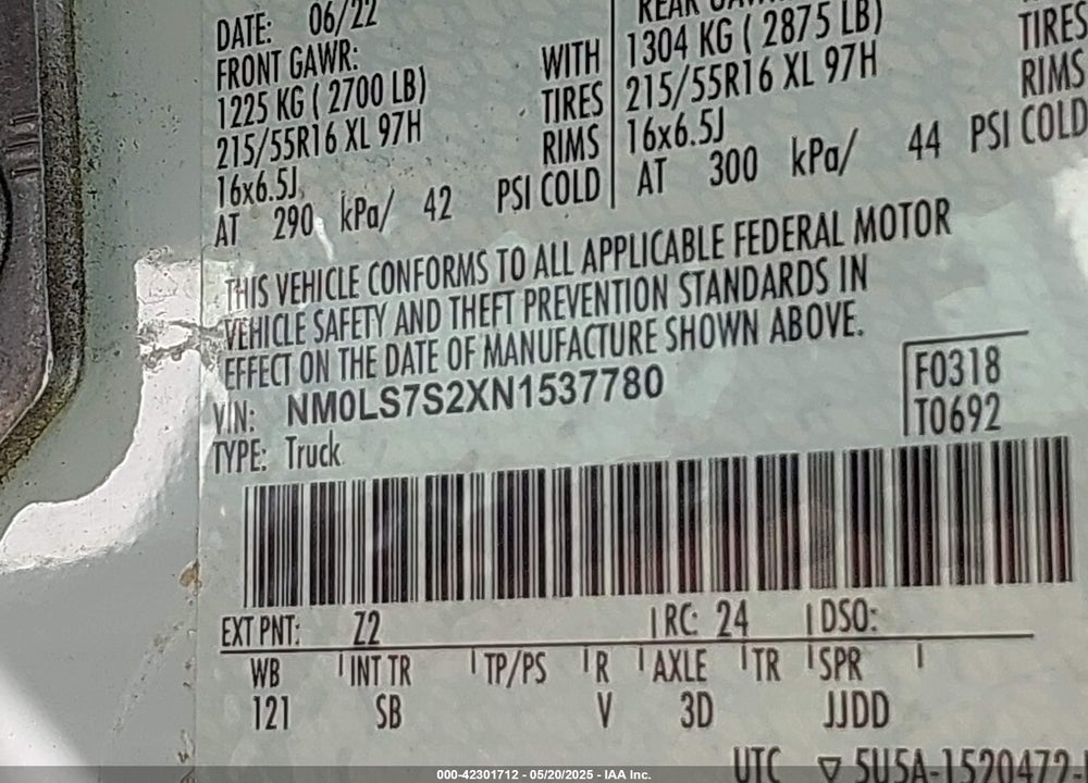 2022 FORD TRANSIT CONNECT XL CARGO VAN VIN: NM0LS7S2XN1537780