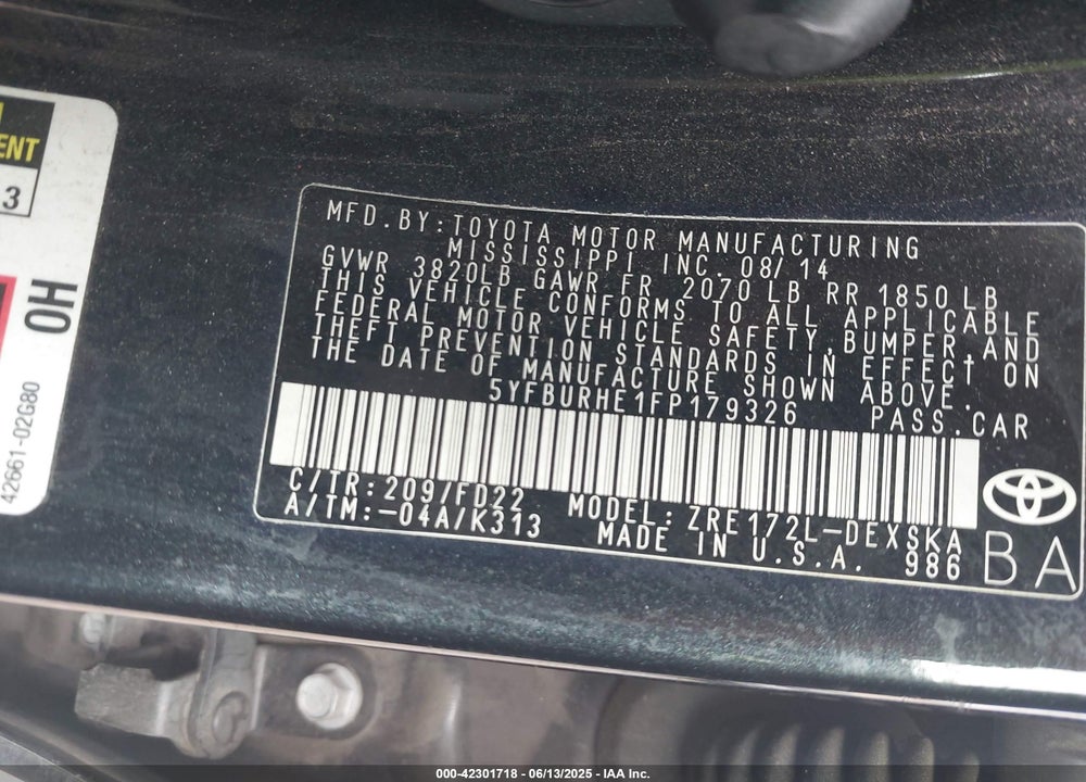 2015 TOYOTA COROLLA VIN: 5YFBURHE1FP179326