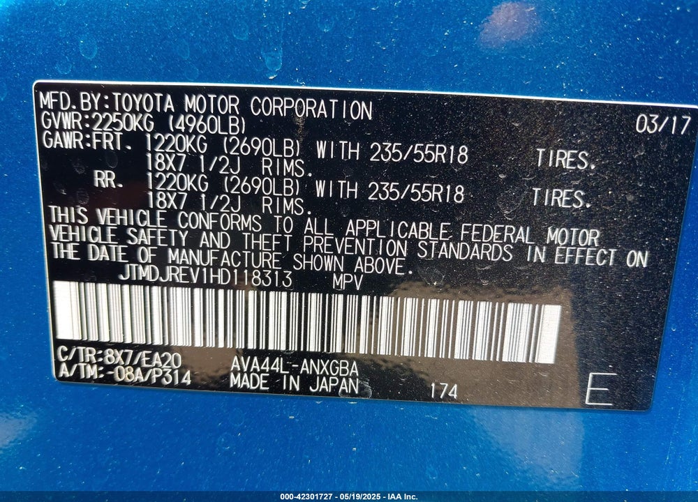 2017 TOYOTA RAV4 HYBRID LIMITED VIN: JTMDJREV1HD118313