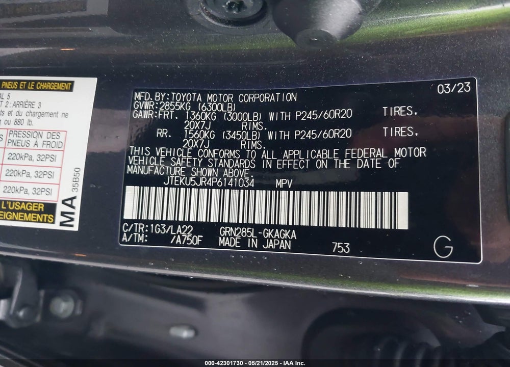 2023 TOYOTA 4RUNNER VIN: JTEKU5JR4P6141034