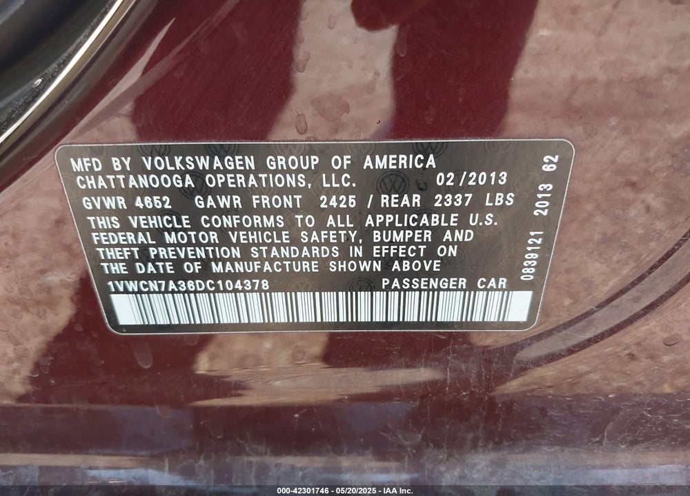2013 VOLKSWAGEN PASSAT VIN: 1VWCN7A36DC104378