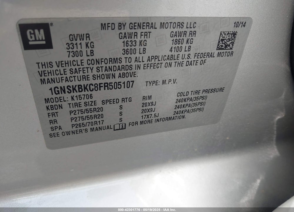 2015 CHEVROLET TAHOE LT VIN: 1GNSKBKC8FR505107