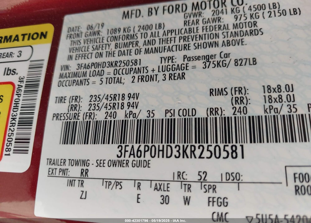 2019 FORD FUSION SE VIN: 3FA6P0HD3KR250581