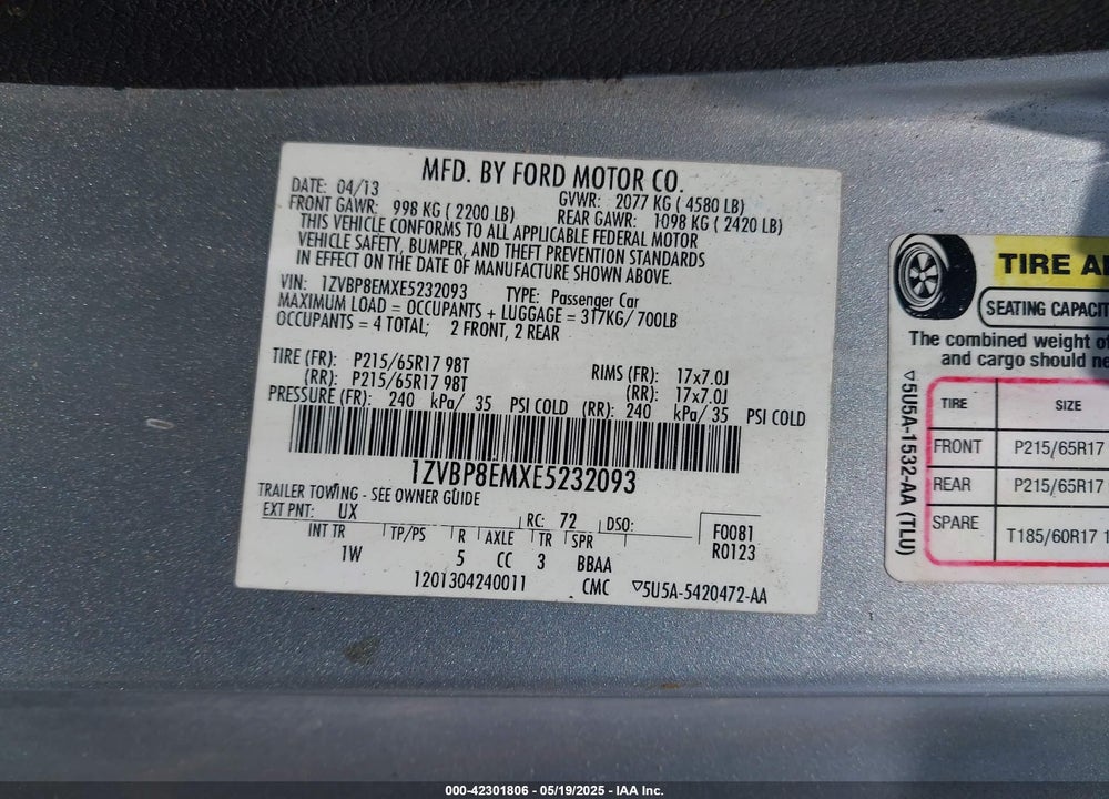 2014 FORD MUSTANG VIN: 1ZVBP8EMXE5232093