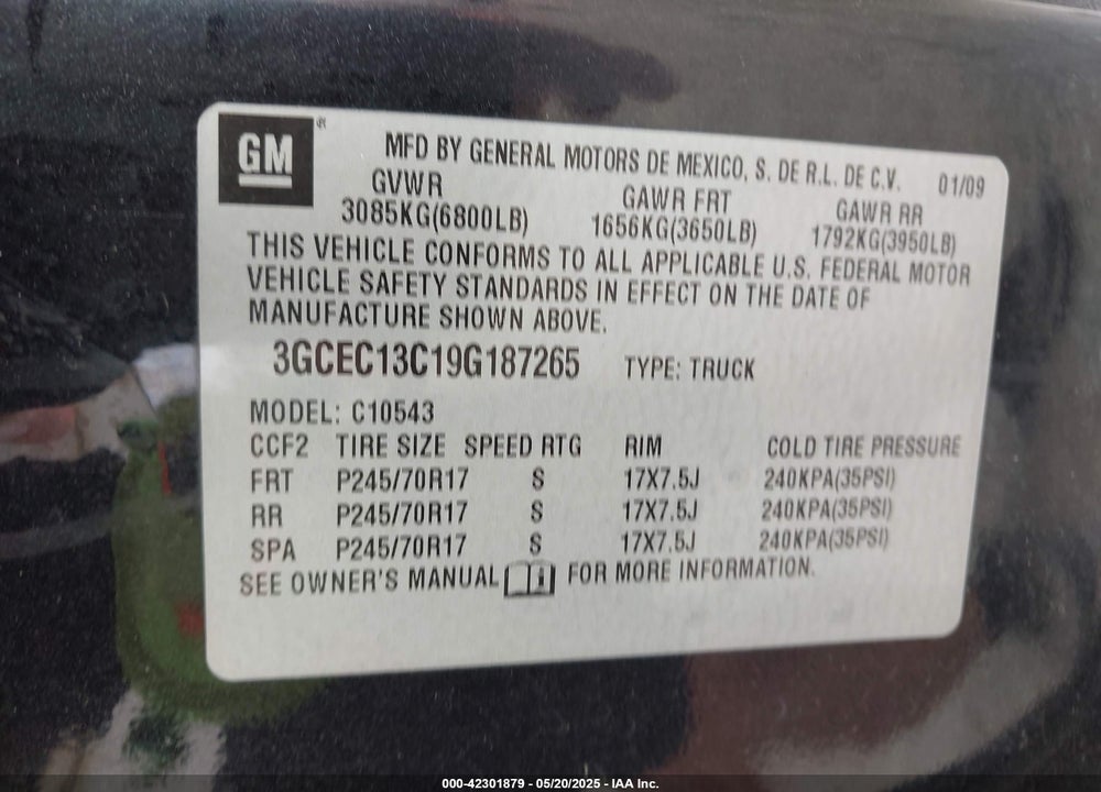 2009 CHEVROLET SILVERADO 1500 LS VIN: 3GCEC13C19G187265