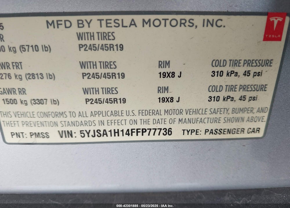 2015 TESLA MODEL S 60/70/85 VIN: 5YJSA1H14FFP77736