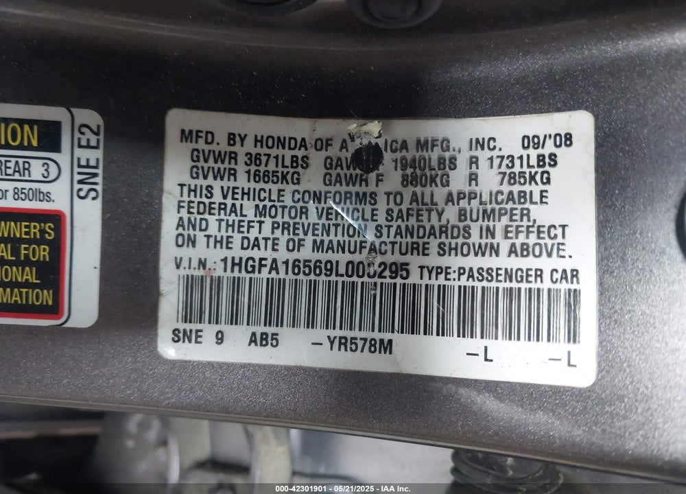 2009 HONDA CIVIC VIN: 1HGFA16569L005295