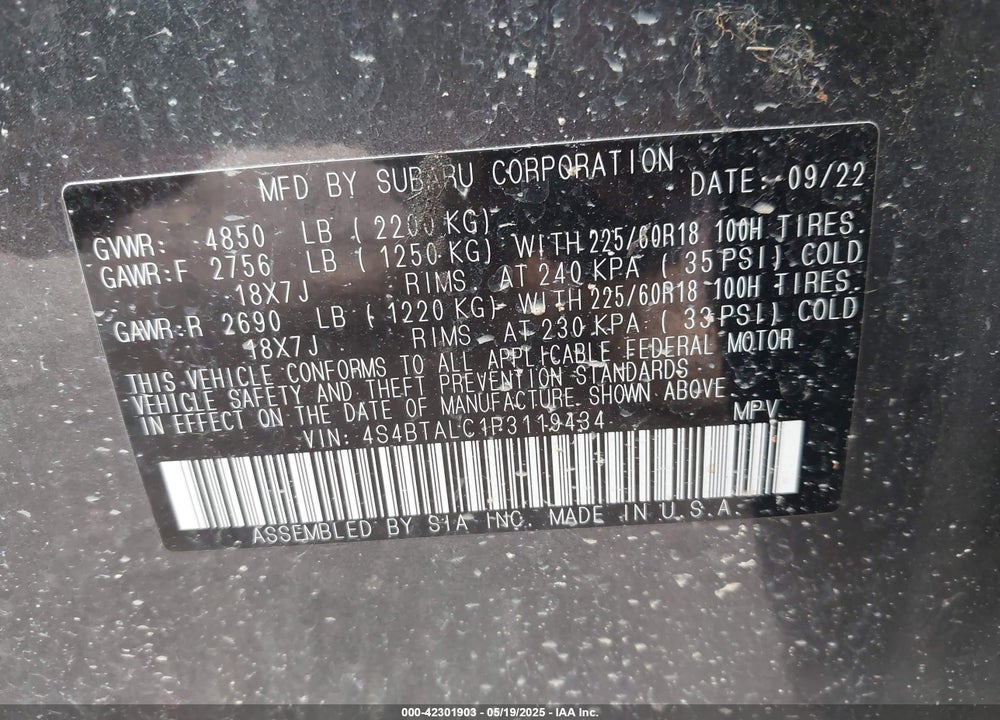2023 SUBARU OUTBACK VIN: 4S4BTALC1P3119434