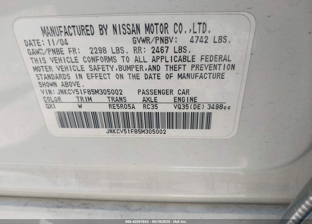 2005 INFINITI G35 VIN: JNKCV51F85M305002