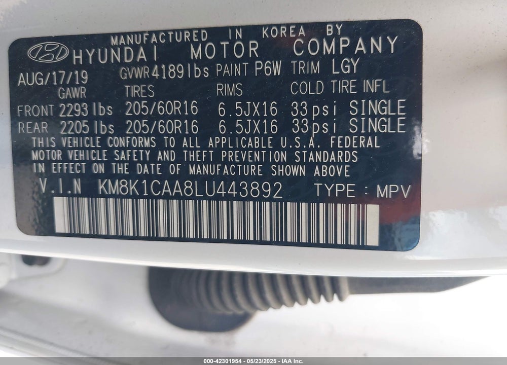 2020 HYUNDAI KONA VIN: KM8K1CAA8LU443892