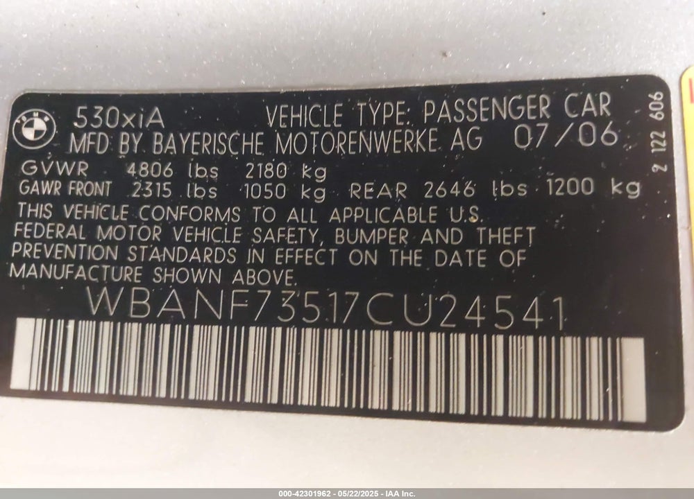 2007 BMW 530XI VIN: WBANF73517CU24541