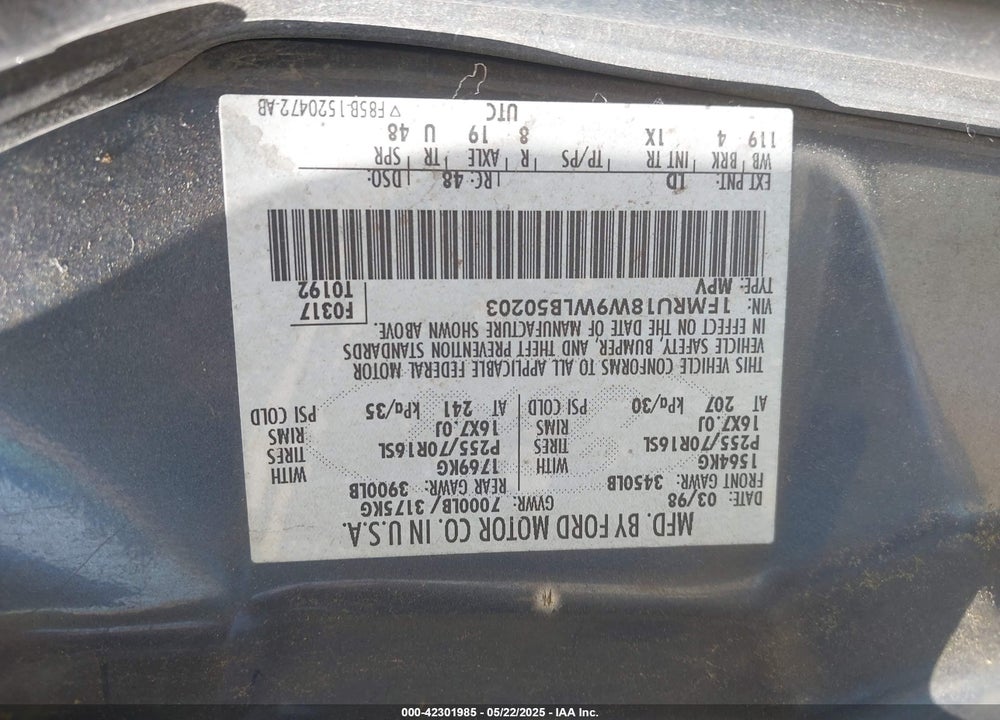 1998 FORD EXPEDITION EDDIE BAUER/XLT VIN: 1FMRU18W9WLB50203