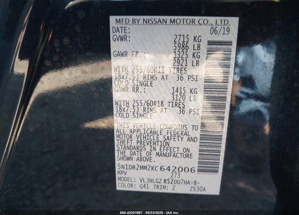 2019 NISSAN PATHFINDER VIN: 5N1DR2MM2KC642006