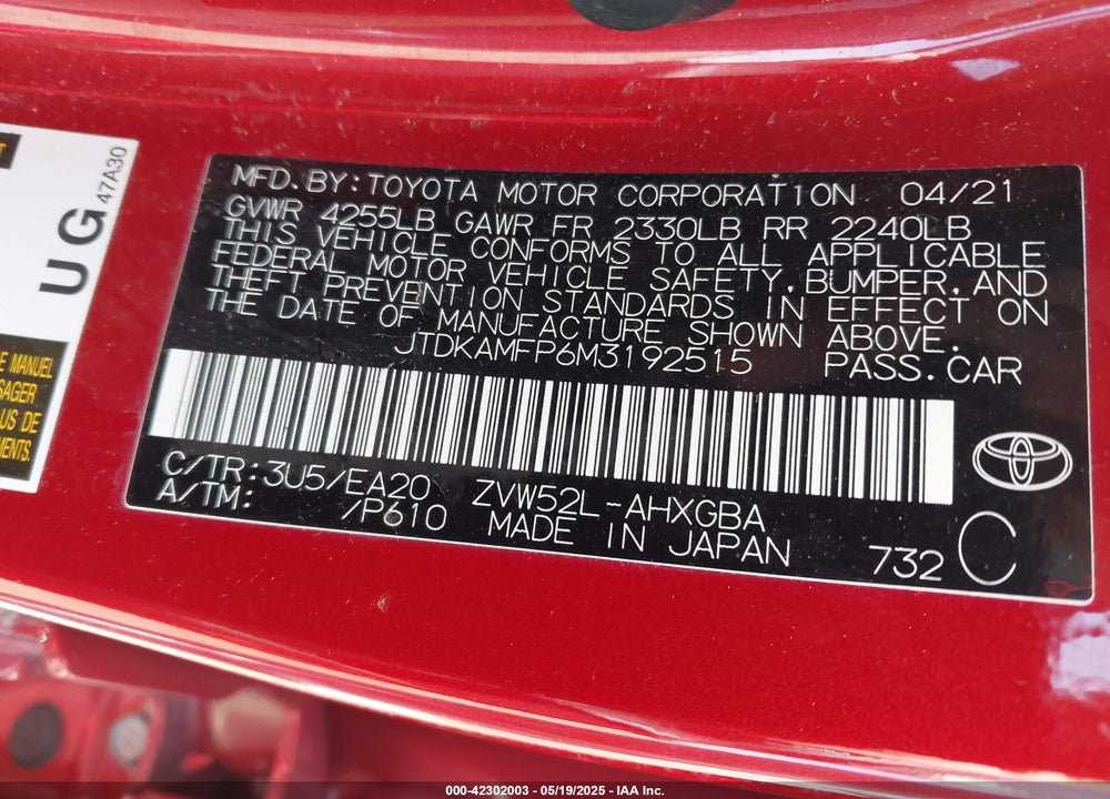 2021 TOYOTA PRIUS PRIME VIN: JTDKAMFP6M3192515