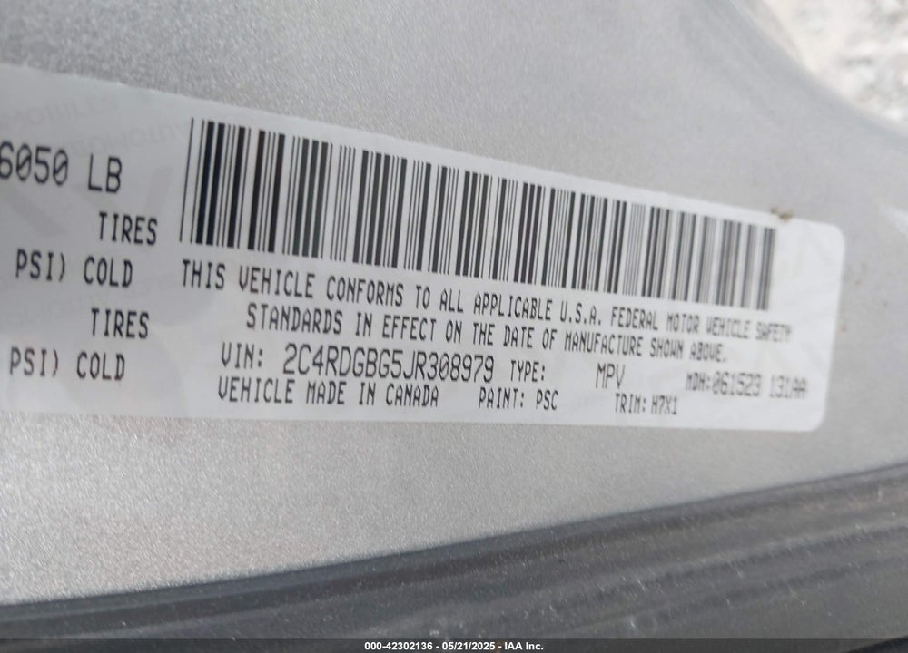 2018 DODGE GRAND CARAVAN SE VIN: 2C4RDGBG5JR308979