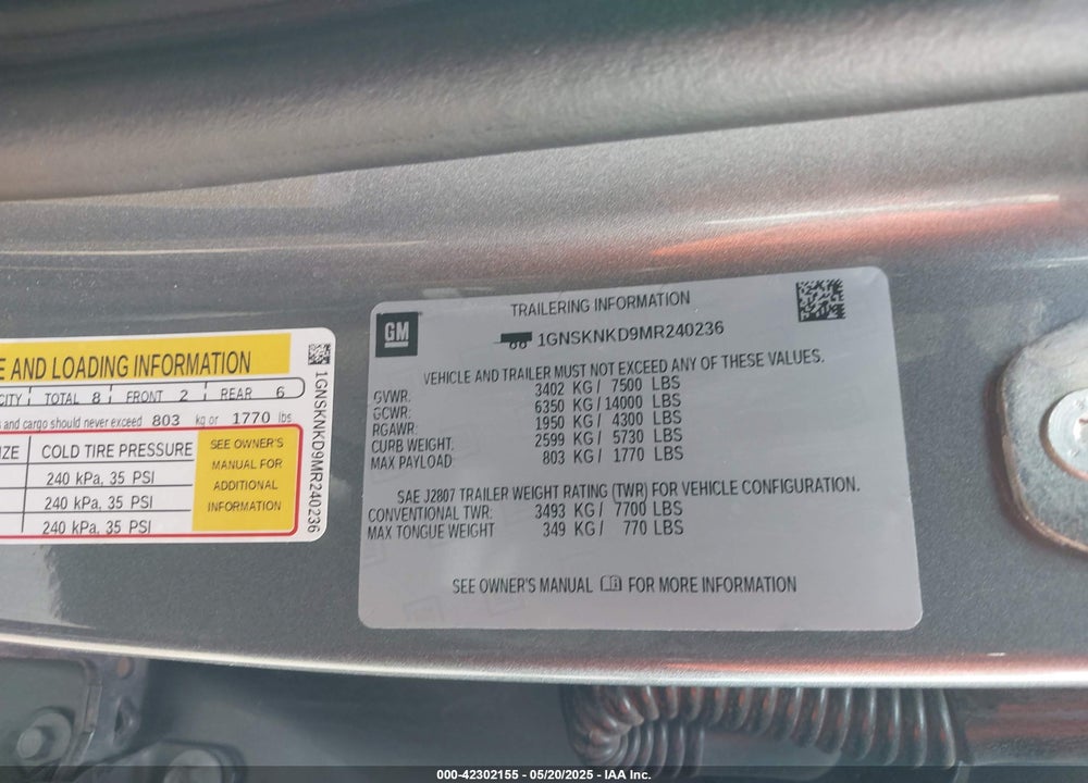 2021 CHEVROLET TAHOE VIN: 1GNSKNKD9MR240236