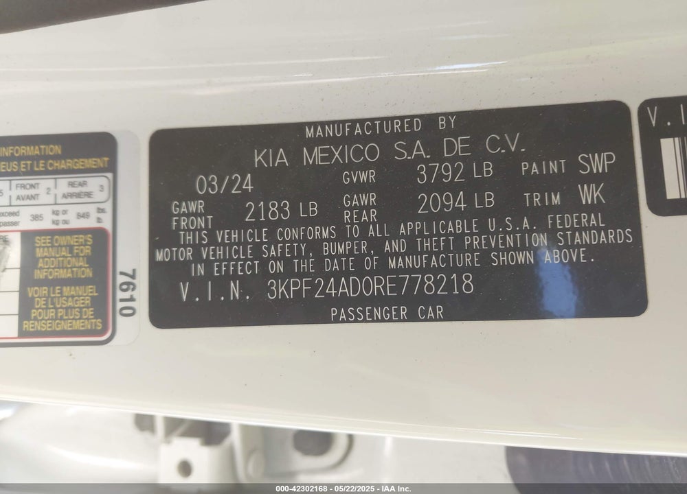 2024 KIA FORTE LXS VIN: 3KPF24AD0RE778218