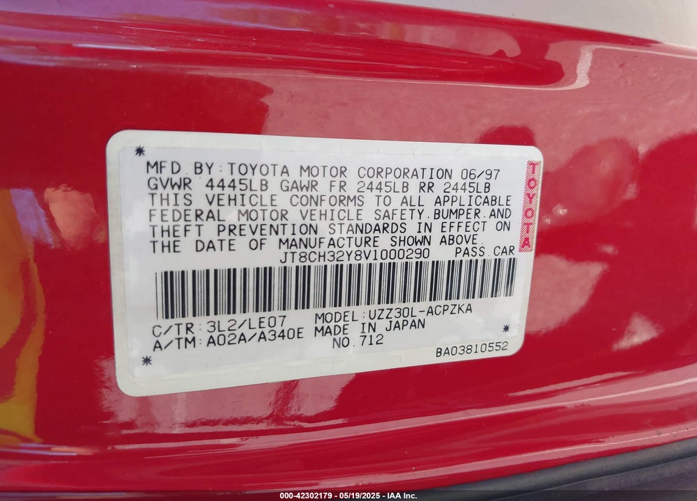 1997 LEXUS SC 400 VIN: JT8CH32Y8V1000290