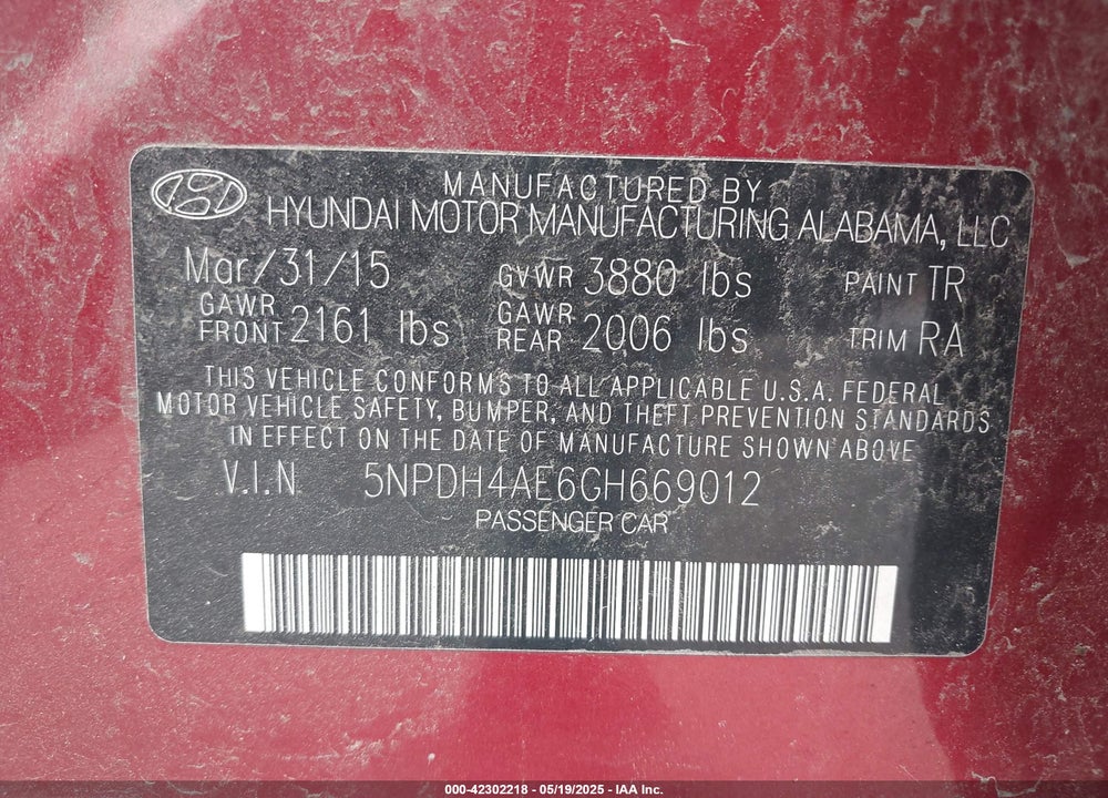 2016 HYUNDAI ELANTRA SE VIN: 5NPDH4AE6GH669012